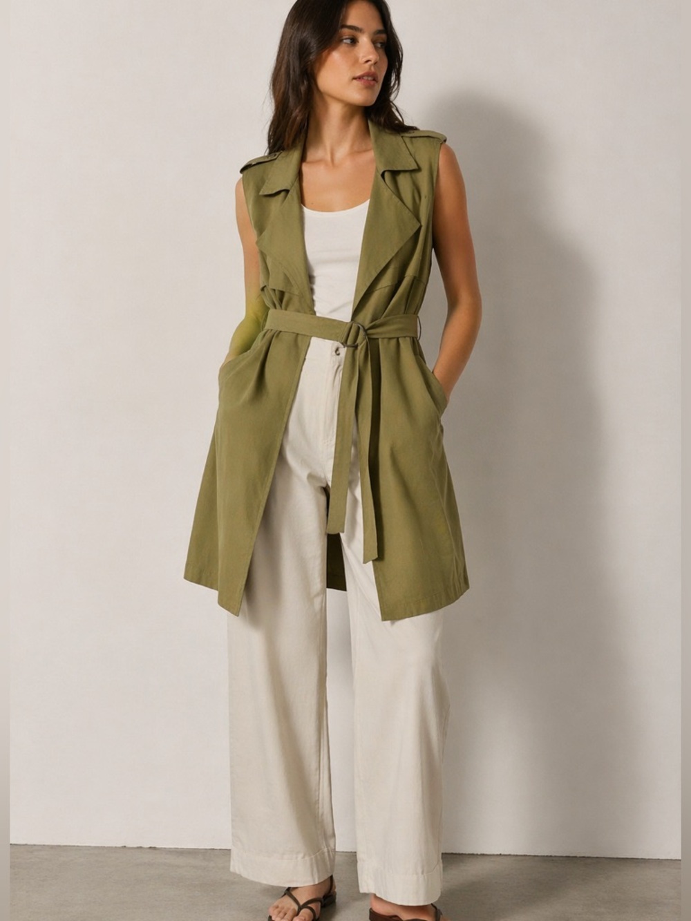 Bershka | Olive Trench Coat Vest Longline Utility Layer Medium